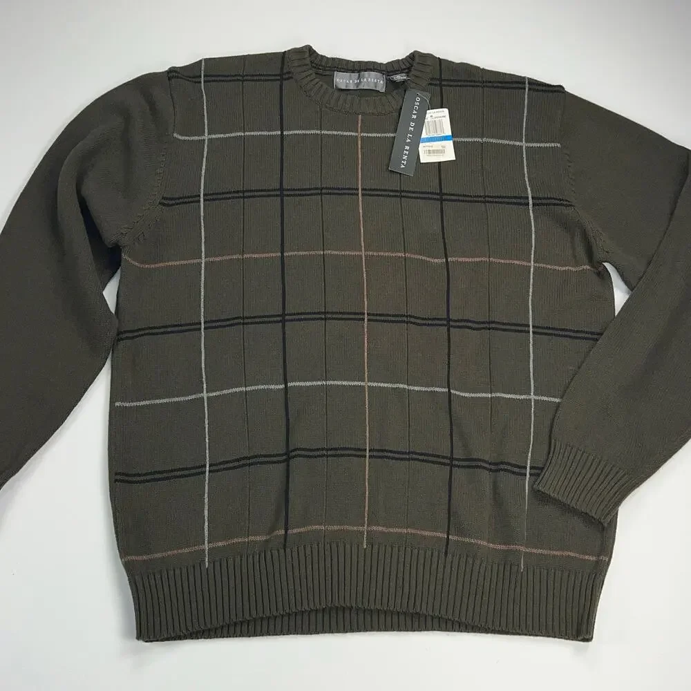 Oscar de la Renta Green Windowpane Crew Neck Sweater 100% Cotton Size XL